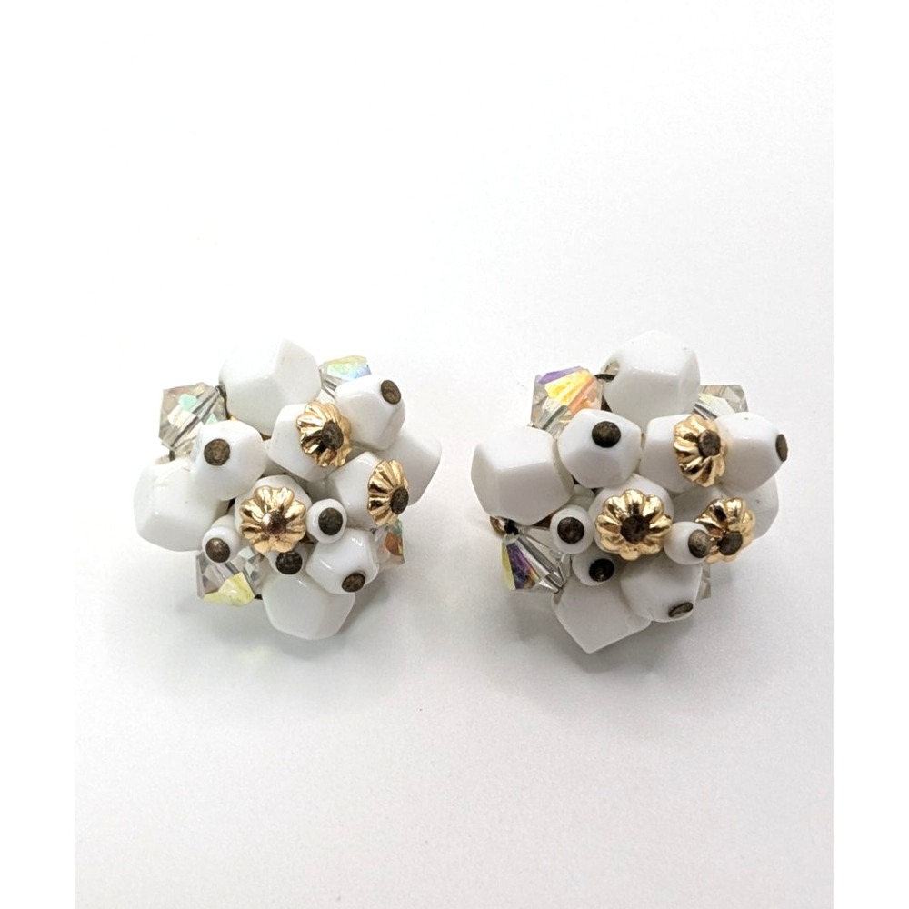 Vintage Japan White Bead AB Crystal Cluster Clip On Earrings Gold Tone